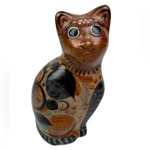 Vintage Tonala Mexican Pottery Cat Signed Mexico 8” Tall Folk Art Handpainted